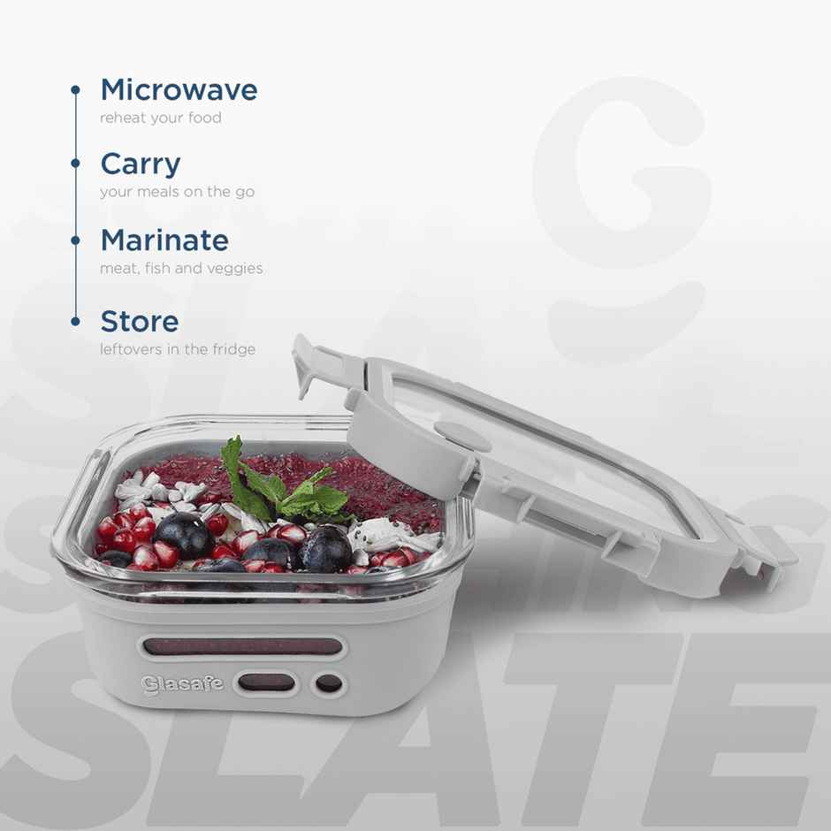 Glasafe Fresh Grip Borosilicate Glass Tiffin With Protective Silicone Sleeve (Soothing Slate) 520Ml
