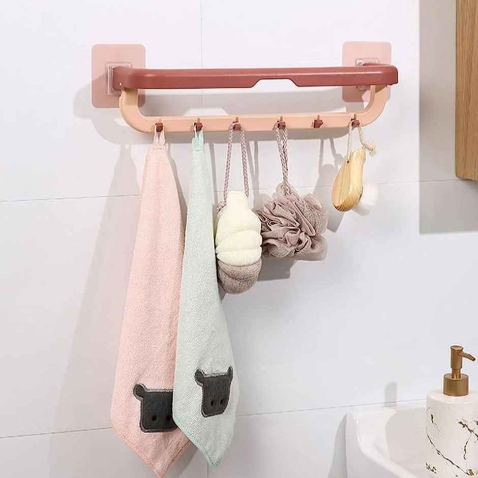 Clazkit Wall Mounted Double Bar Towel Holder With Hooks For Kitchen/Bathroom Pack Of 1