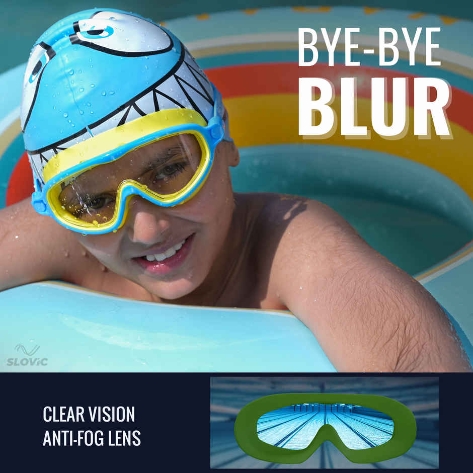 Slovic Kids Swim Goggles for Ages 6-14 with Ear Plugs with Anti-Fog & UV Protectection - Blue/Yellow