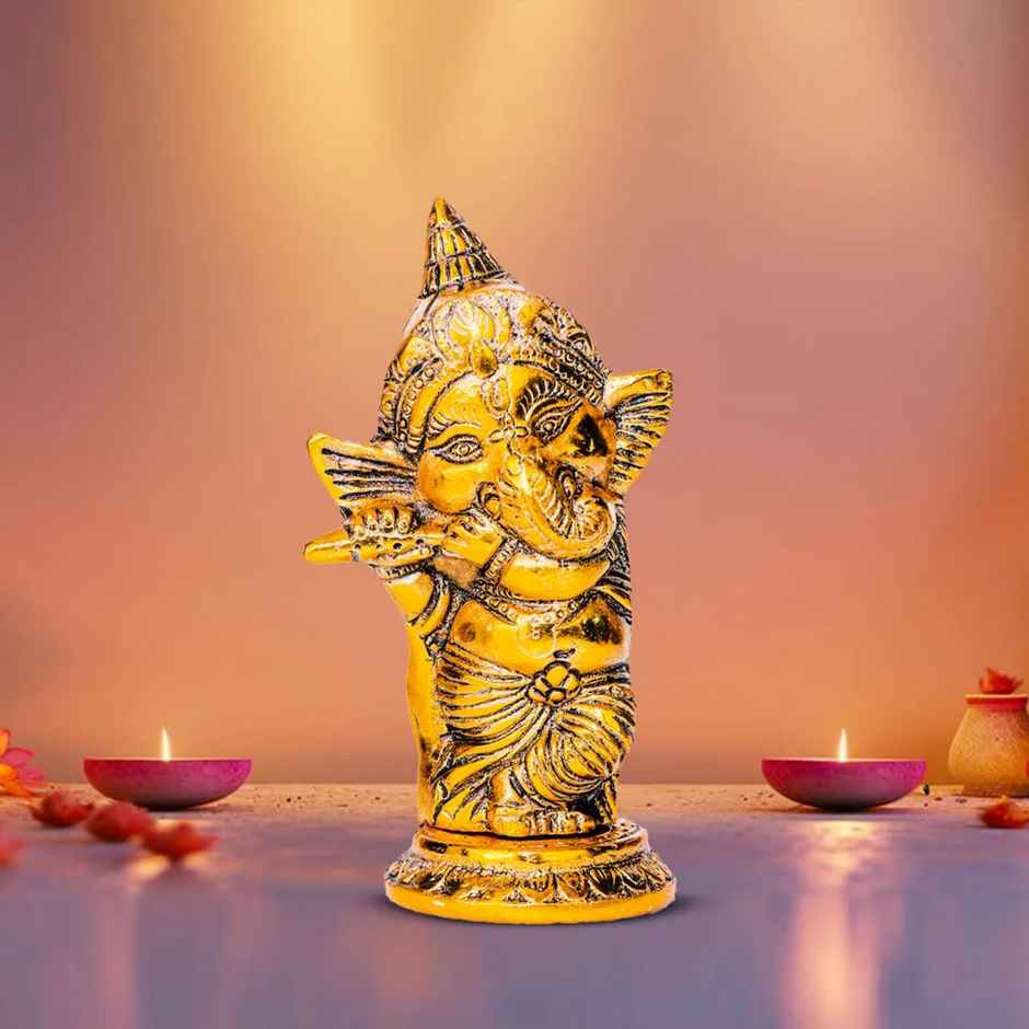 Ganesh Ji Idol with Bansuri in Gold Polish | Devnidhi