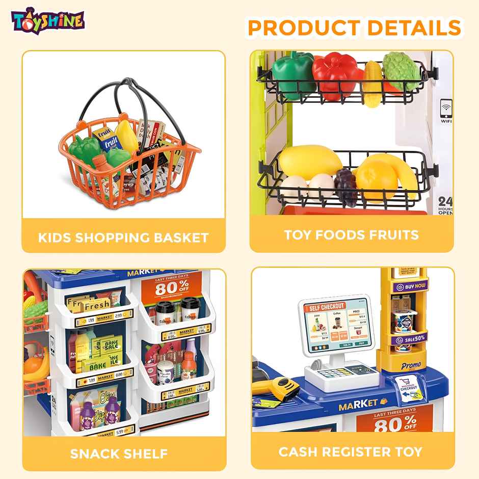 Toyshine 60Pc Supermarket Cash Register Playset With Scanner and Pretend Play Foods
