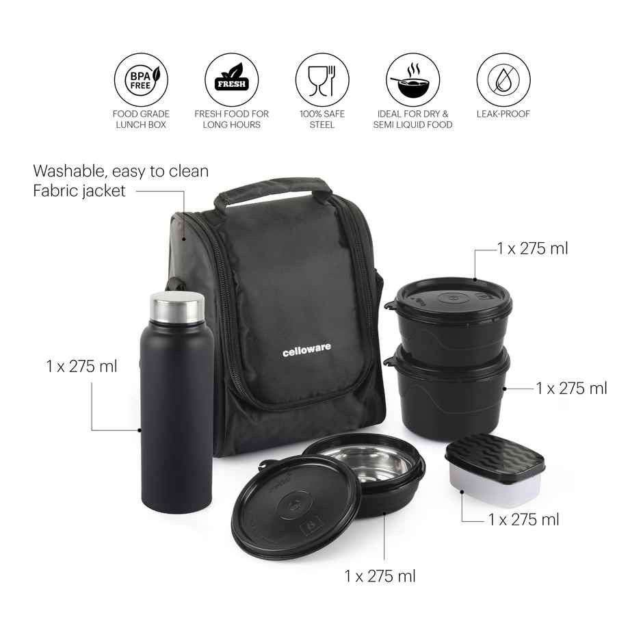 Cello MF All in One Lunch Box 5 with Bag, Black | 3 Containers Steel, 1 Pickle Box and 1 Bottle
