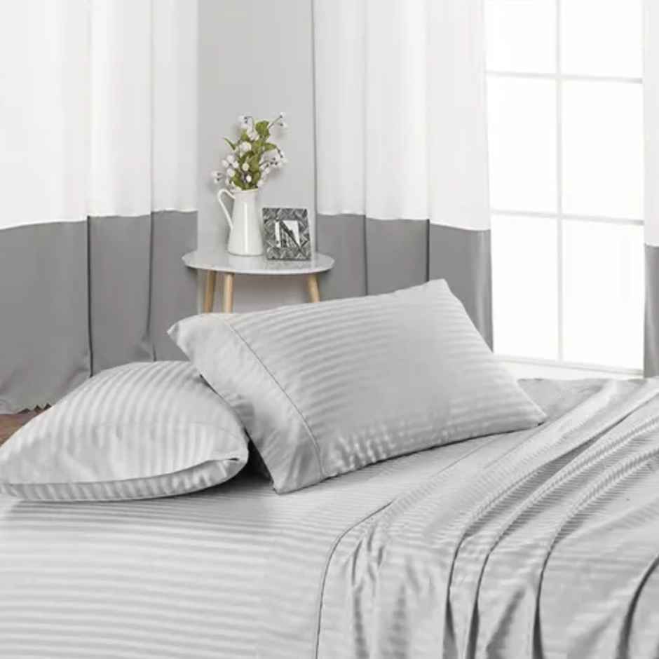 Dream Living Solid Stripe King Bedsheet | With 2 Pillow Covers | Grey | 108 x 108 in