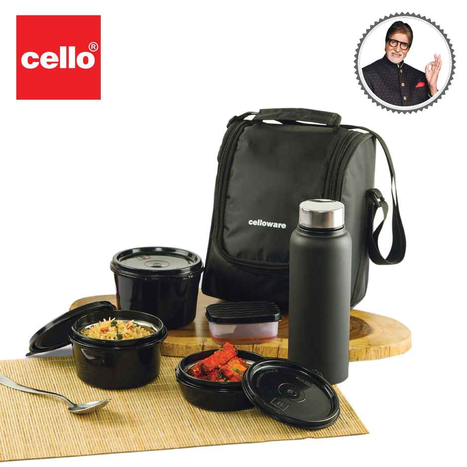 Cello MF All in One Lunch Box 5 with Bag, Black | 3 Containers Steel, 1 Pickle Box and 1 Bottle