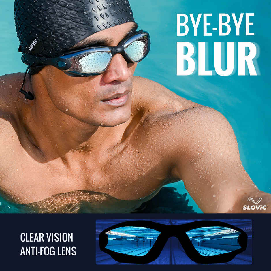 Slovic Adult Swimming Goggles with Ear Plugs - UV Protected with Adjustable Straps | Black