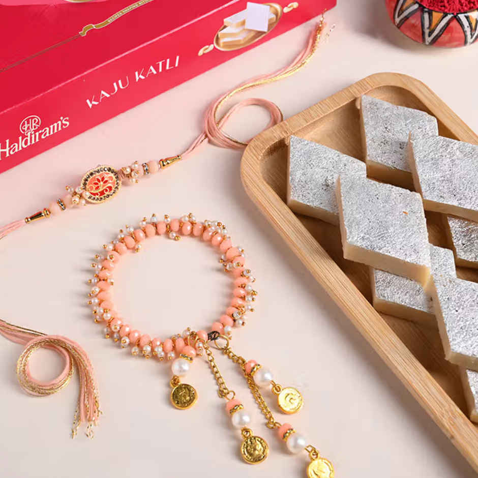 FlowerAura Bhaiya and Bhabhi Floral Rakhi - Stone and Pearl Danglings