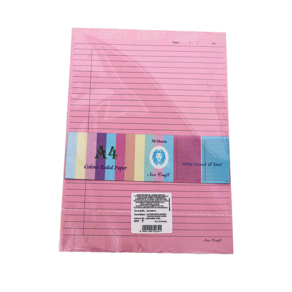 A/4 Size Pastel Shades Colour Ruled Paper 50 Sheets Five Colour