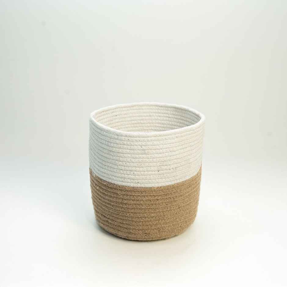 PrettyKrafts Jute Basket | Organizer for Toys, Clothes & Planter | White & Brown - 8 x 8 Inch