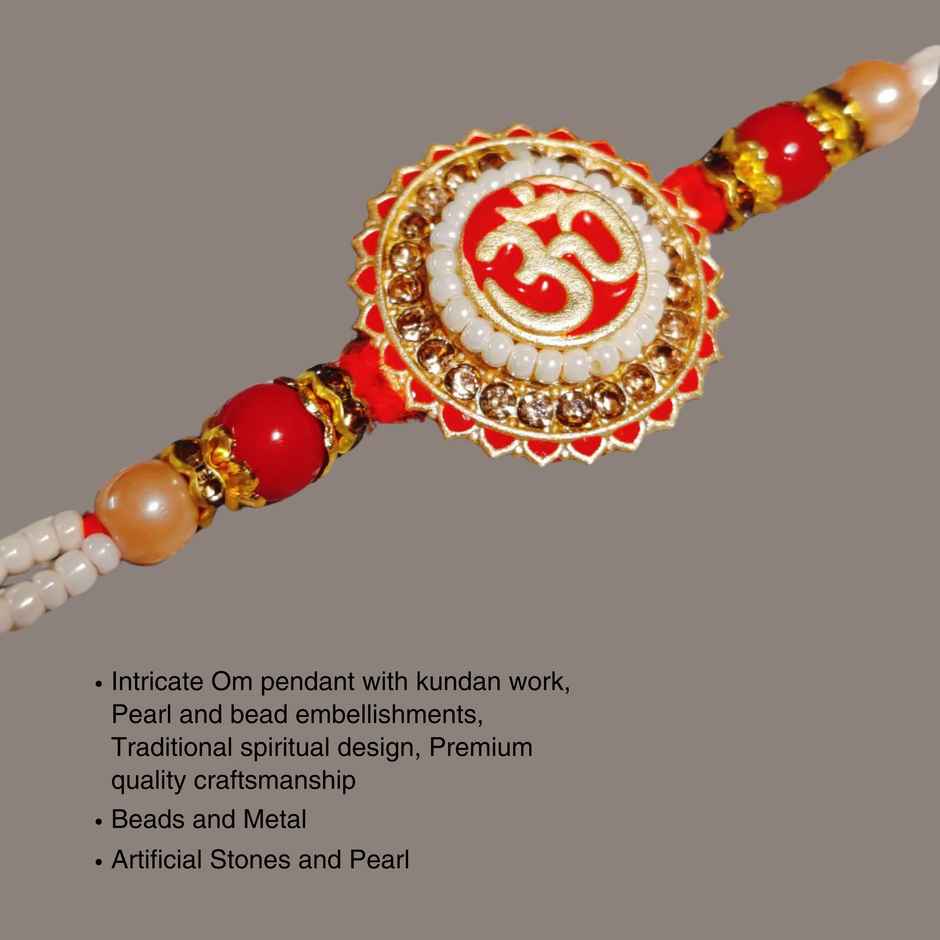 Fabelle, The Bars Treasury, Assorted Chocolates Gift Pack(168gms) & Premium Om Pendant Rakhi With Intricate Moti Pattern In White & Red(1pc) Combo
