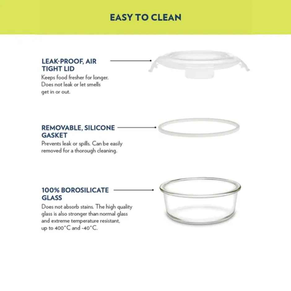 Borosil Alfa Lunchbox | 2 Pcs Glass Set | 400 ml x 2 Round | Vertical