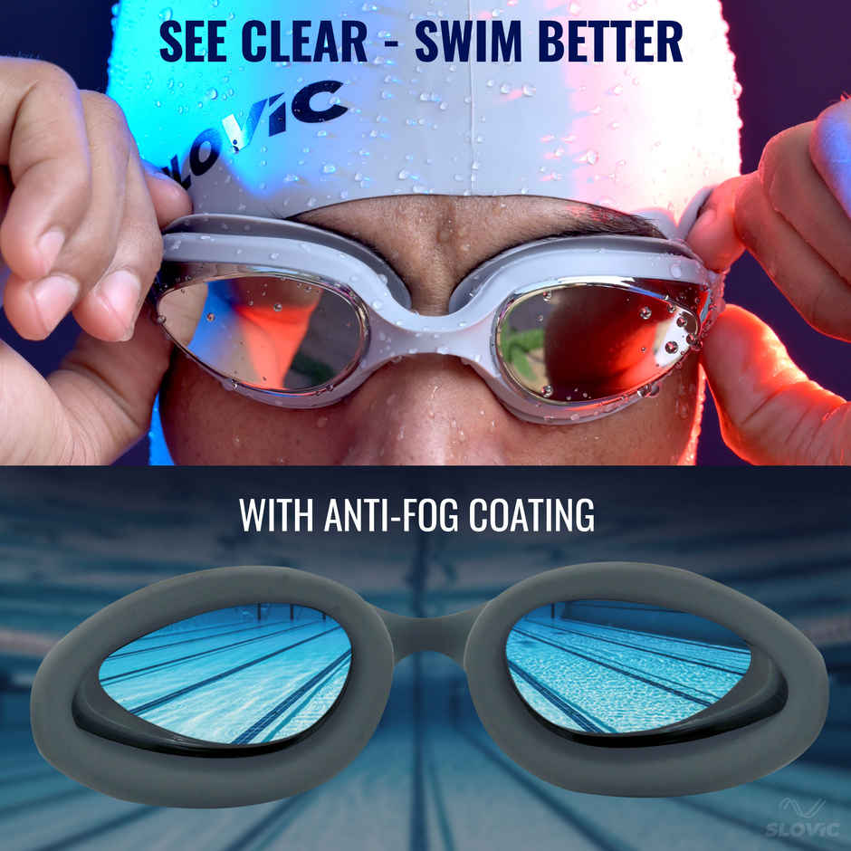 Slovic Swimming Kit with Goggles & Cap - Anti-Fog Comfortable Fit, Leak-Proof Frame - Grey