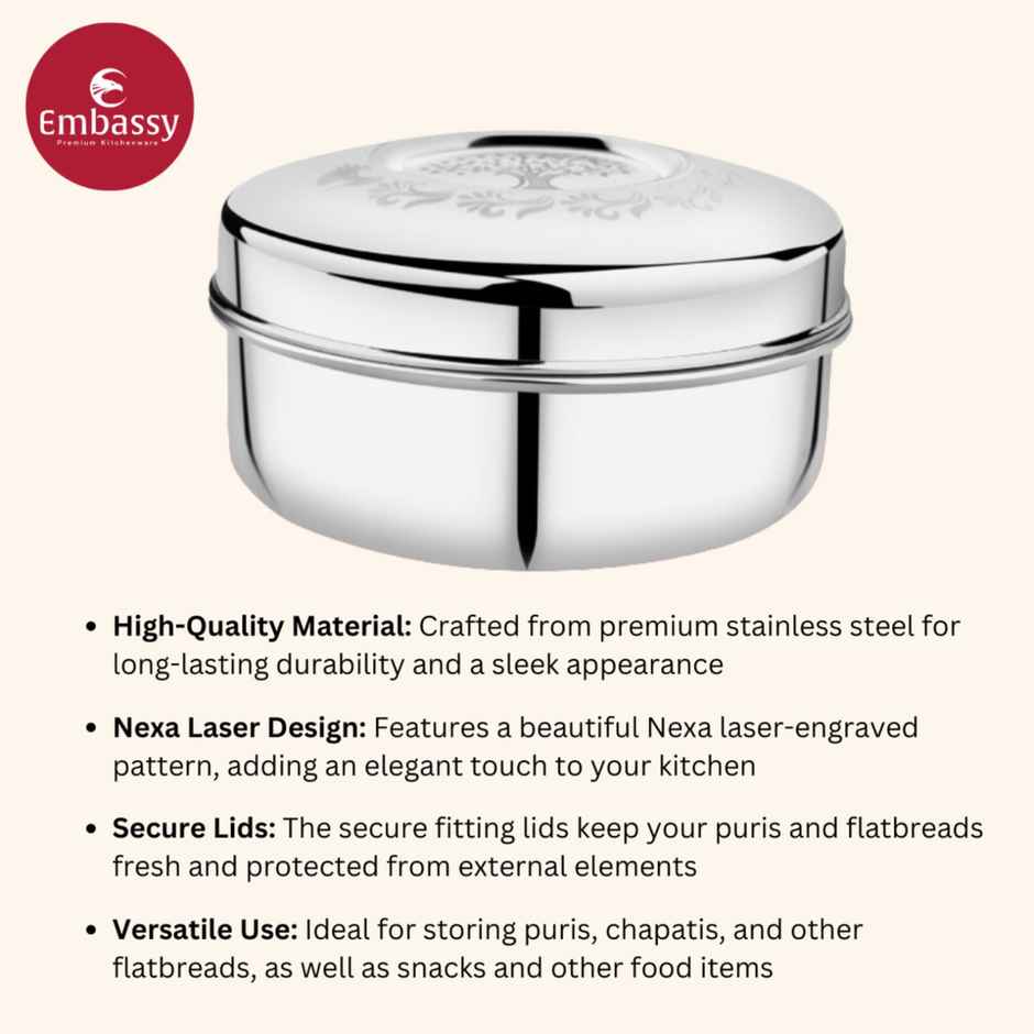 Embassy Nexa Storage Containers / Laser-Design Dabbas, Set Of 2 (400,700 ml), Stainless Steel