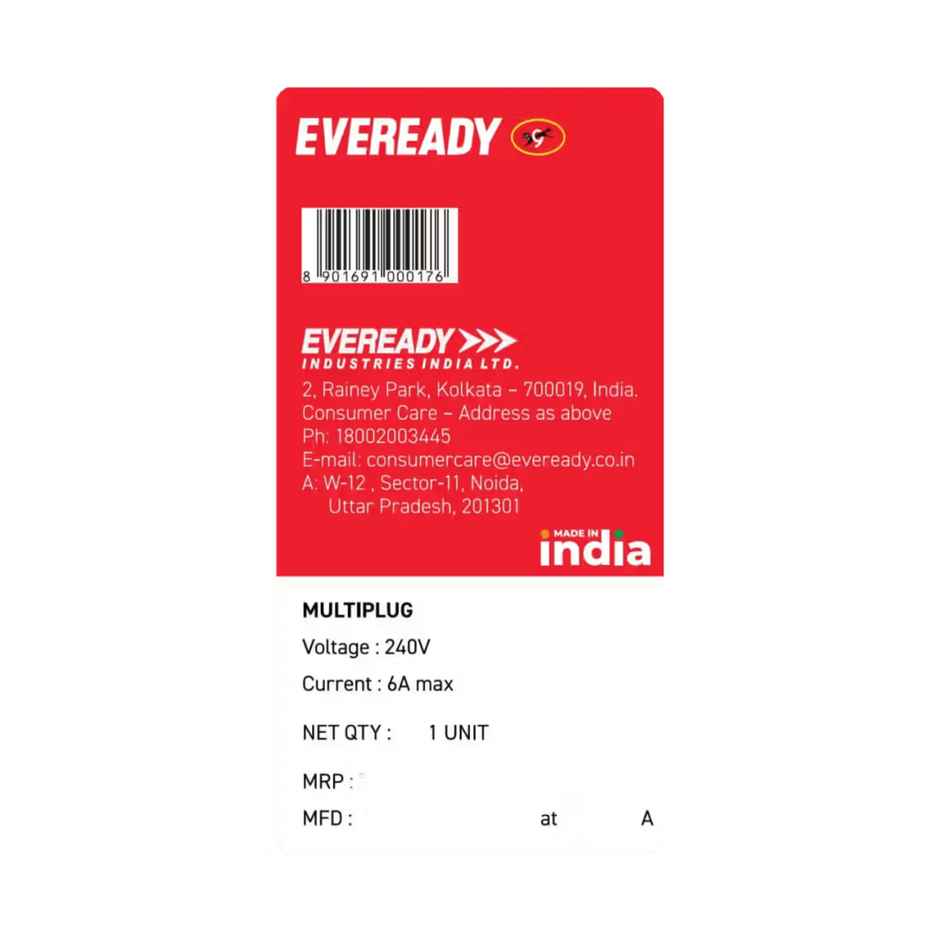 Eveready EverProtect Multiplug i4 With LED Indicator, Fire Retardant Body, 240V, 6A Max, (For Mobile Charging & 2 pin)  - 1 Pcs