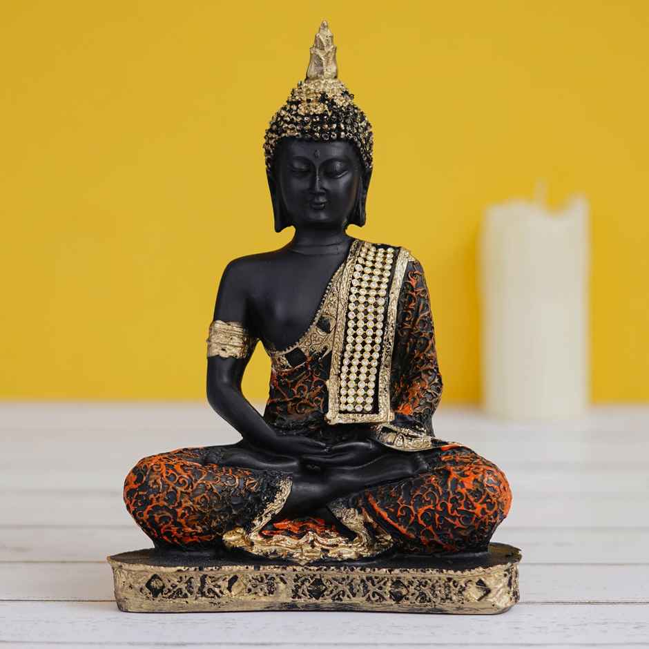 Golden, Orange, And Black Polyresin Meditating Lord Buddha Statue | Ecraftindia