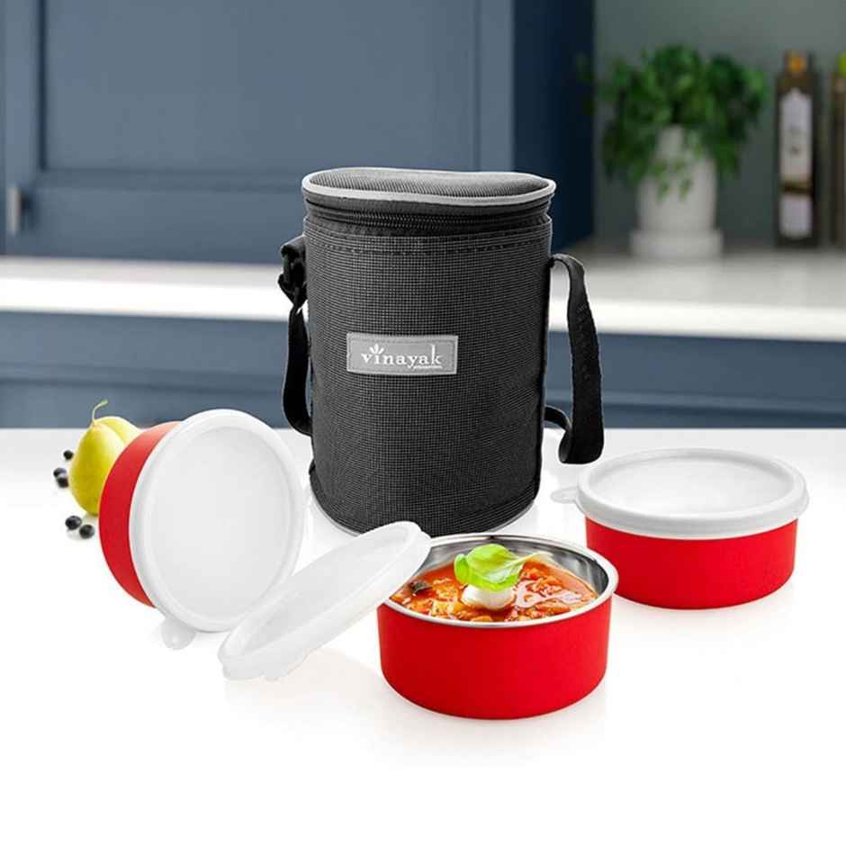 Vinayak Stainless Steel Lunch Box (Microwave Safe) (3 X 280 ml, Red)