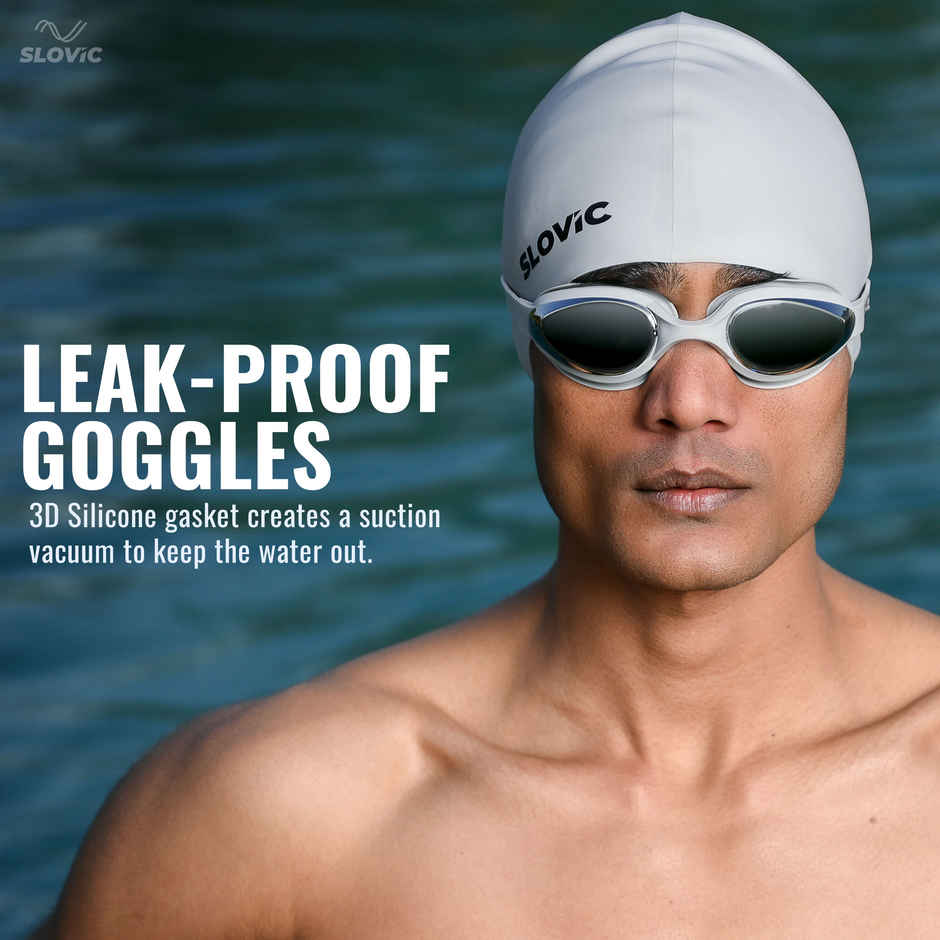 Slovic Swimming Kit with Goggles & Cap - Anti-Fog Comfortable Fit, Leak-Proof Frame - Grey