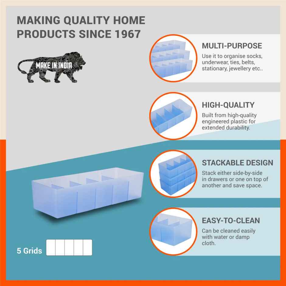 Bathla Set of 4 Drawer Organiser - Multi-purpose, Stackable, 5 Grids - DORI | Ocean