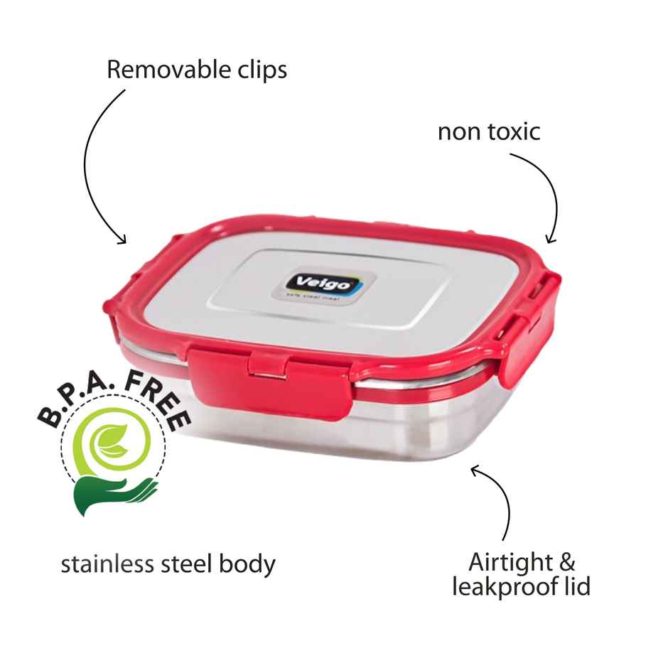 Veigo Large - Stainless Steel Leakproof Lunch Box | 630 ml Compact for Outdoors- Red
