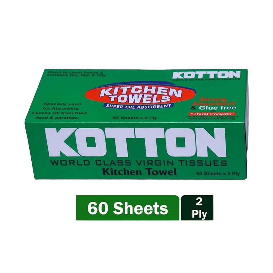 Kotton 2 Ply Kitchen Box Towel Paper Roll/100% Virgin Pulp/Paper - 20 x 20 cm - Pack of 1 -60 Pulls
