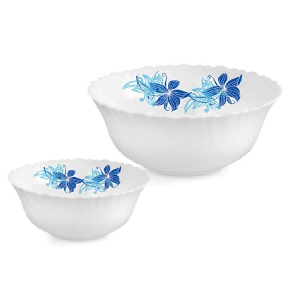 Cello Blue Swirl Dazzle Series Opalware Pudding Set Microwave & Dishwasher Safe Set Of 7 White