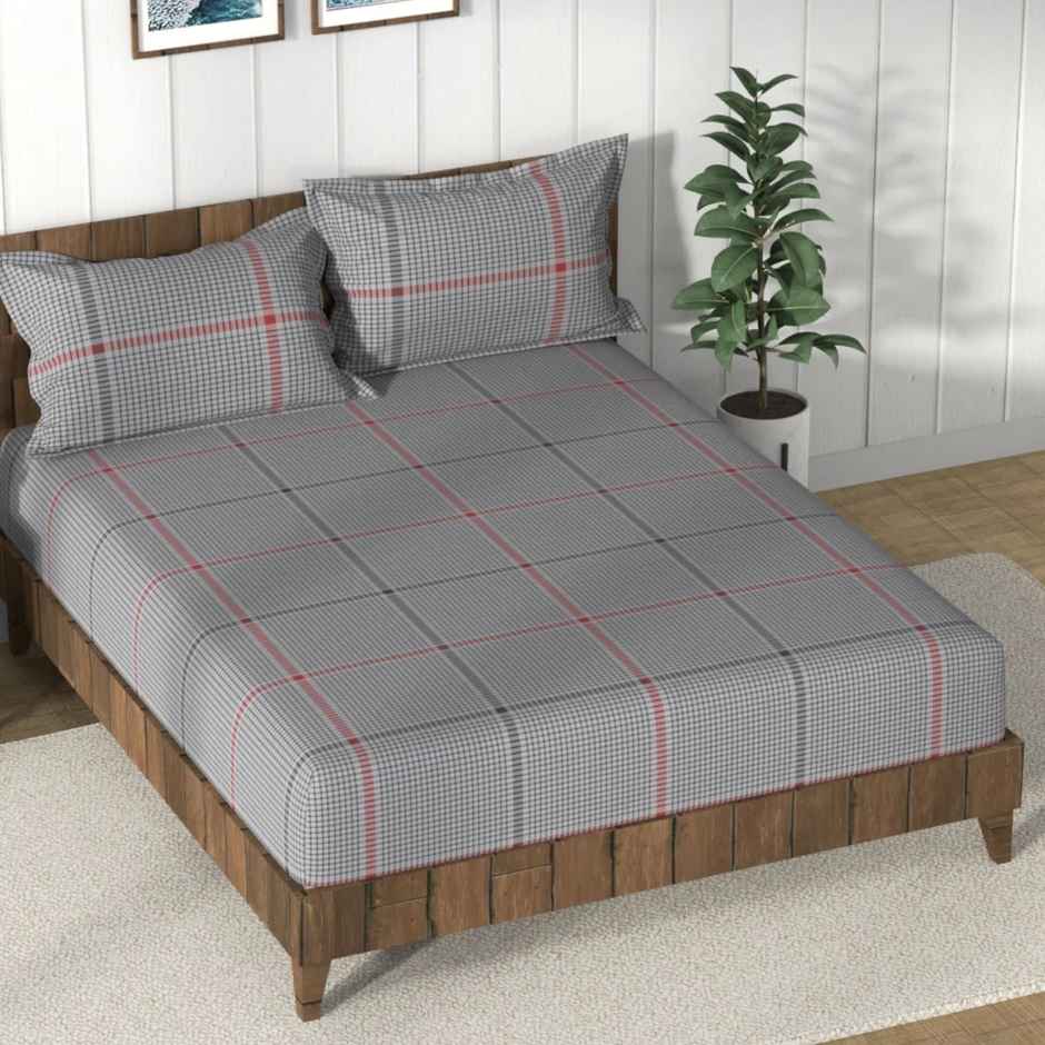 Nautica Super Soft 100% Cotton King Bedsheet and 2 Pillow Covers | Set of 3 | Checks Steelgrey