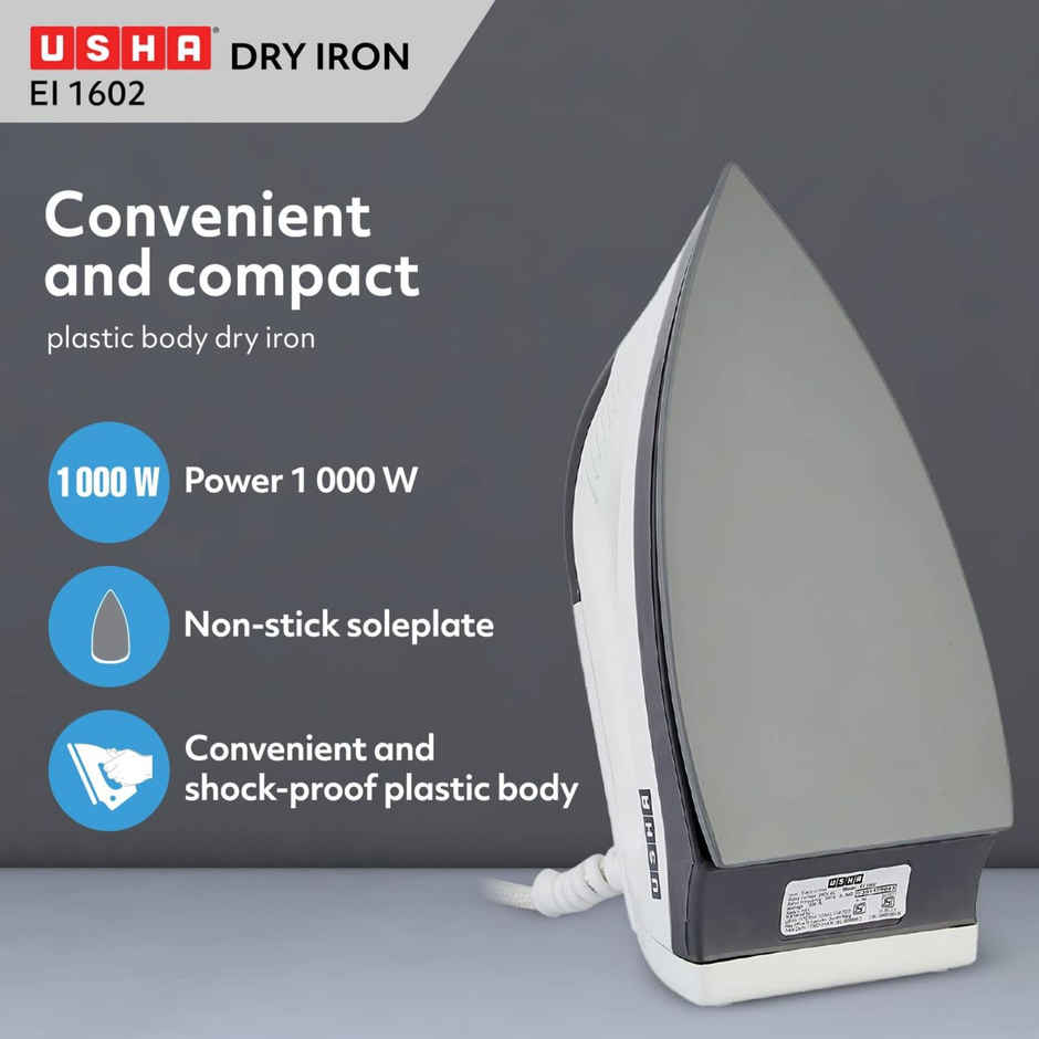 Usha Dry Iron 1602 (1000W) Non-Stick PTFE Coated Soleplate With 180 Degree Swivel Cord - Grey