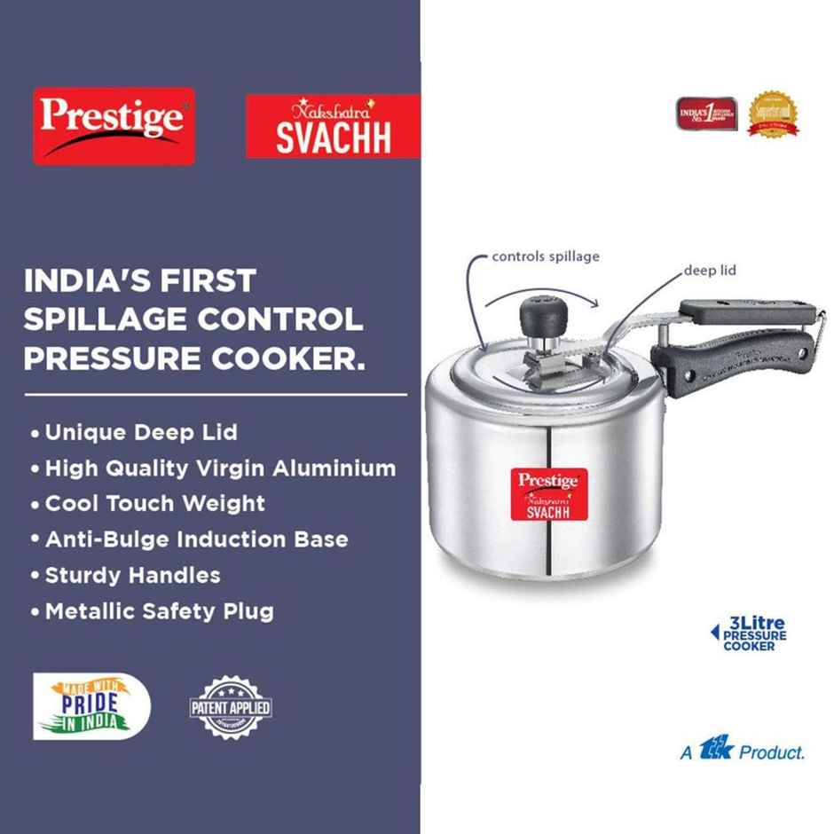 Prestige Aluminium Inner Lid Nakshatra Plus Svachh Spillage Control Pressure Cooker, 3 L (Silver)