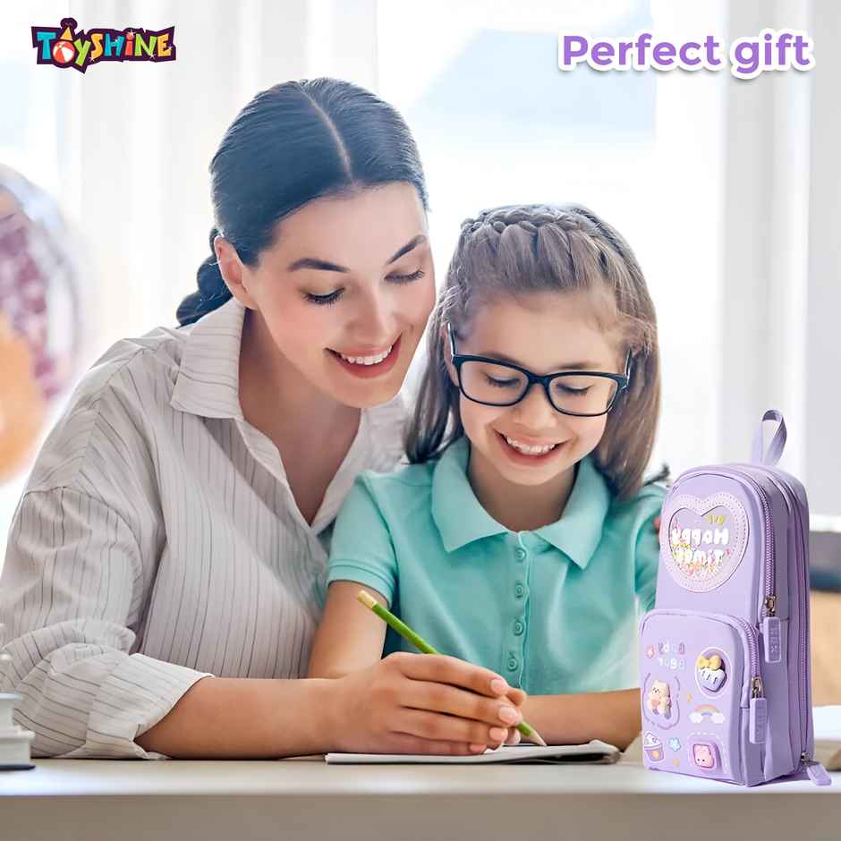 Toyshine 3 Layer Large Capacity Handheld Multifunctional Pencil Pouch for School Kids | Purple