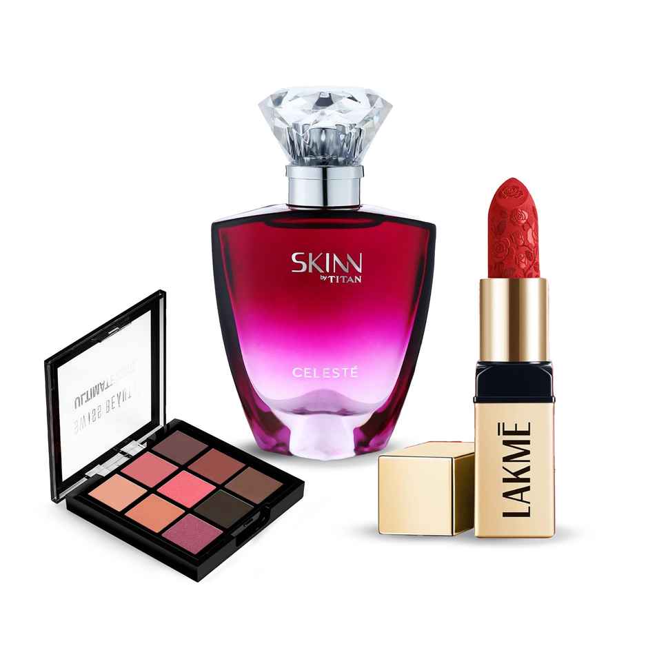 Skinn By Titan Celeste Perfume For Women Edp(50ml), Lakme Rouge Bloom Powder Matte Bullet Scarlet Rose 209(4gms) & Swiss Beauty Ultimate 9 Pigmented Colors Eyeshadow Palette - Shade 03(6gms) Combo