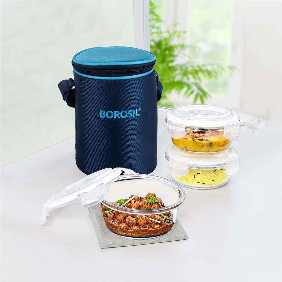 Borosil Alfa Lunchbox | 3 Pcs Glass Set | 400 ml x 3 Round