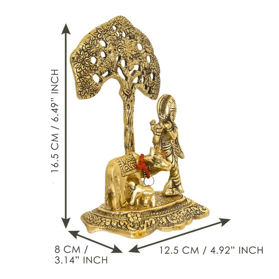 eCraftIndia Divine Golden Lord Krishna Idol Playing Flute Beneath a Tree with Cow and Calf