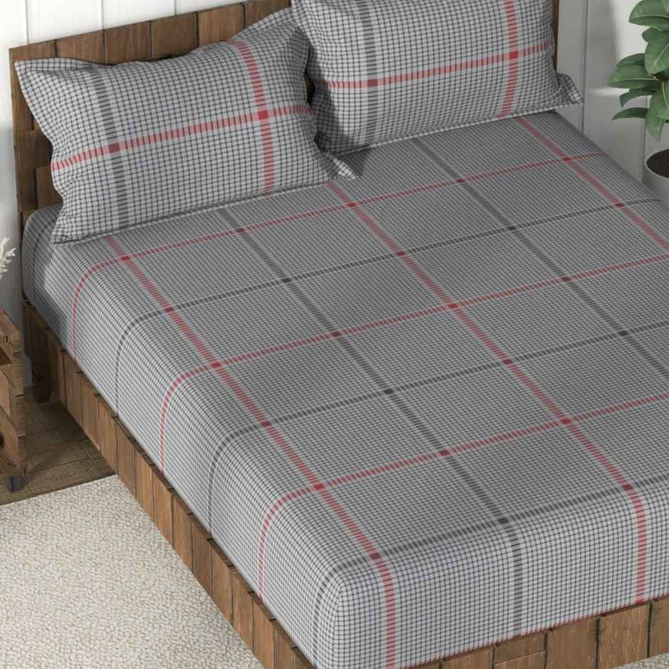 Nautica Super Soft 100% Cotton King Bedsheet and 2 Pillow Covers | Set of 3 | Checks Steelgrey