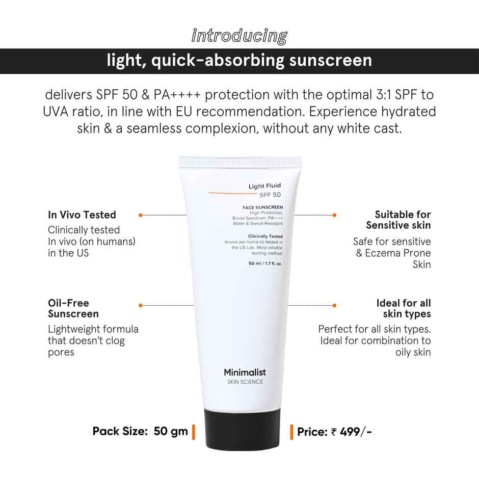 Minimalist Light Fluid Sunscreen SPF 50 for Oily Skin | In-vivo Tested