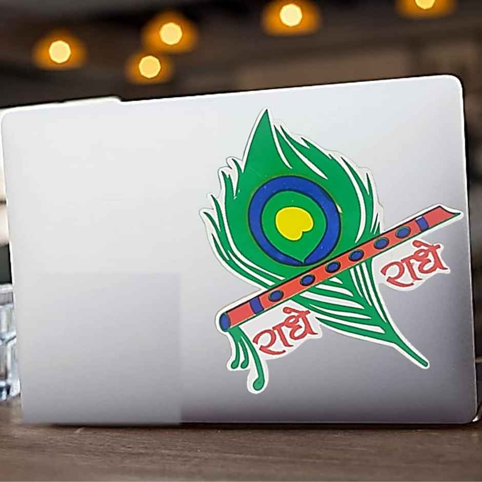 Divine Vibes Religious Green Mor Pankh Radhe Radhe Dull Finish Vinyl Sticker for Car-Bike