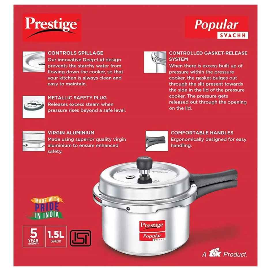 Prestige Aluminium Outer Lid Popular Plus Svachh Spillage Control Pressure Cooker, 5 L (Silver)
