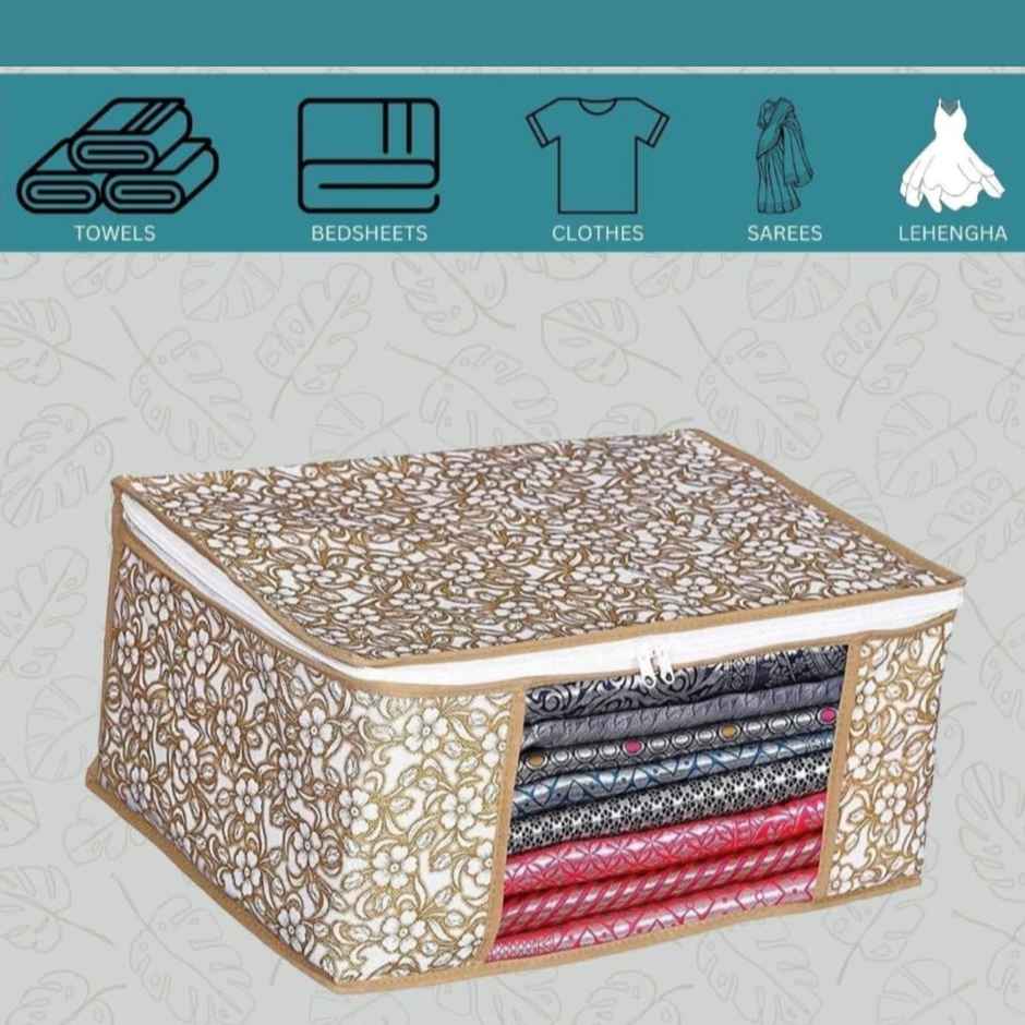 Perpetual Saree Organizer for Wardrobe | Foldable Saree Covers with Zip | Beige | Pack of 2