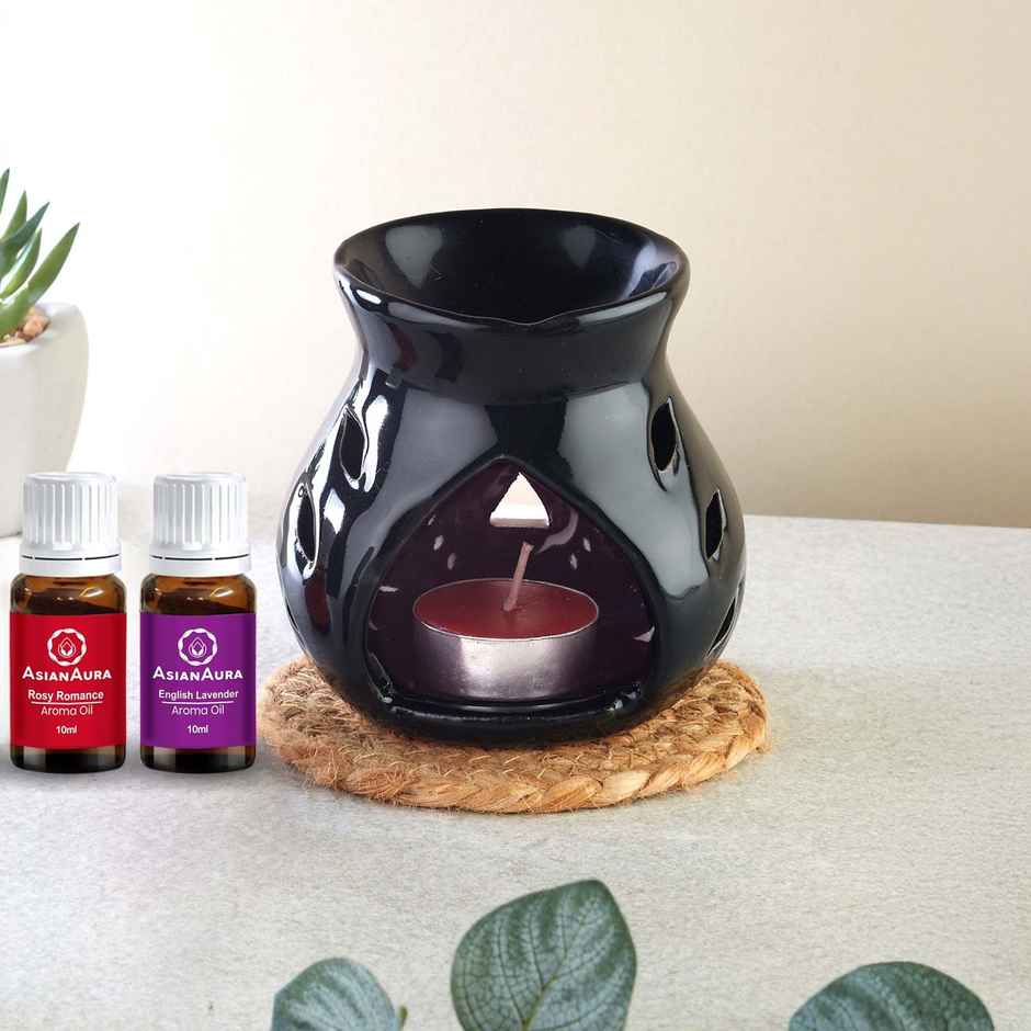 Asian Aura Candle Diffuser Oil Burner with Lavender & Rosy Romance Oils | 10 ml Each + Tea Light