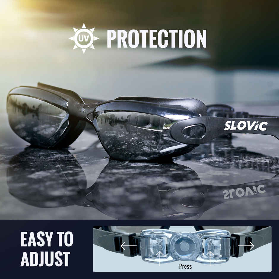Slovic Adult Swimming Goggles with Ear Plugs - UV Protected with Adjustable Straps | Black