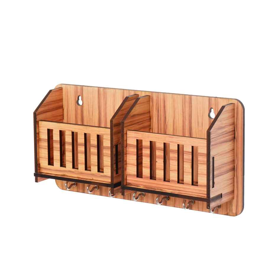 eCraftIndia Brown Multiutility 7 Hooks Wooden Key Holder And Mobile Holder
