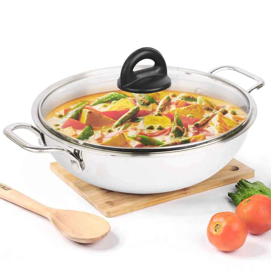 The Indus Valley Triply Stainless Steel Kadai with Glass Lid | Large 26cm/10.2 inch, 3.5L, 1.3kg
