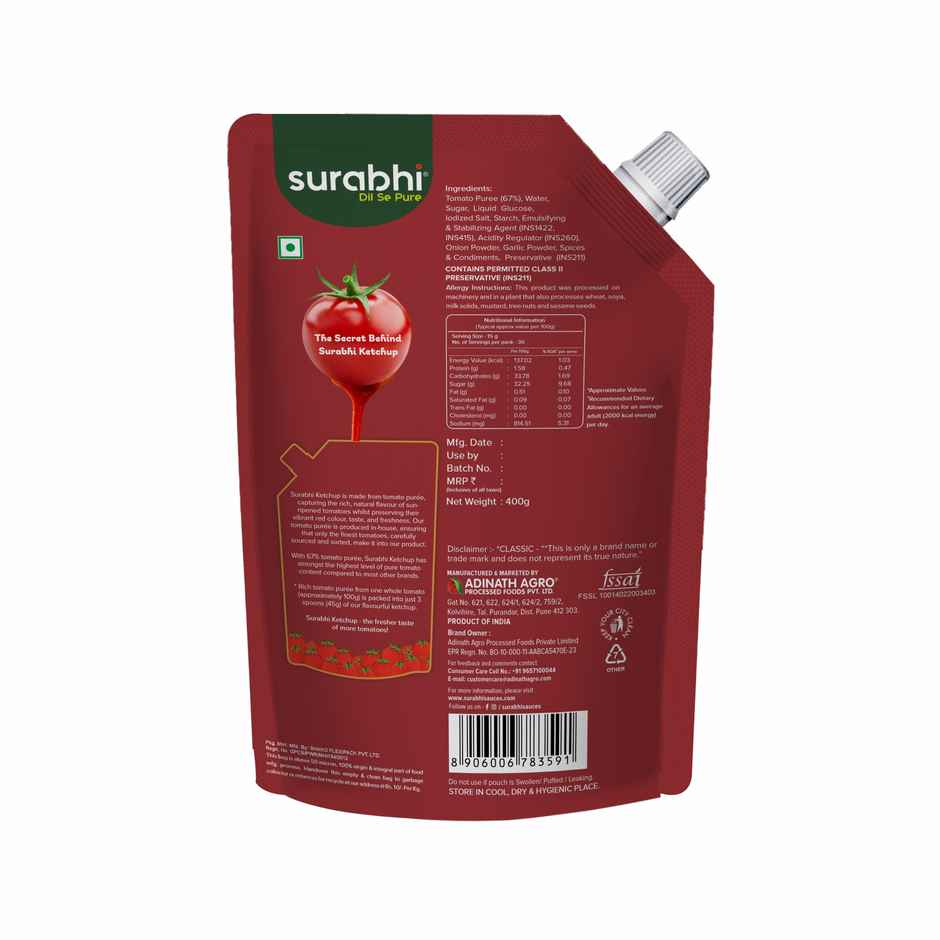 Surabhi Classic Tomato Ketchup Pouch | More Tomatoes | No Artificial Colours & Flavours