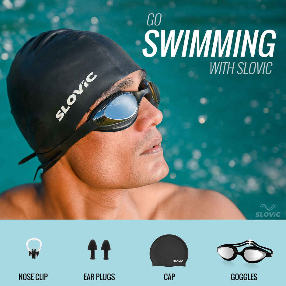 Slovic Swimming Goggles & Cap Kit for Pool and Swim Training - Black