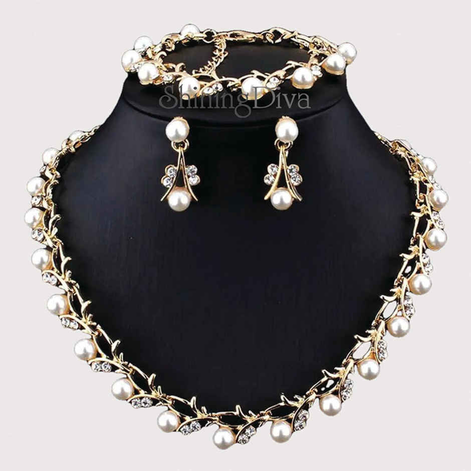 Shining Diva Fashion Gold Plated Pearl Necklace Earrings Bracelet Set for Women and Girls Sd10333s