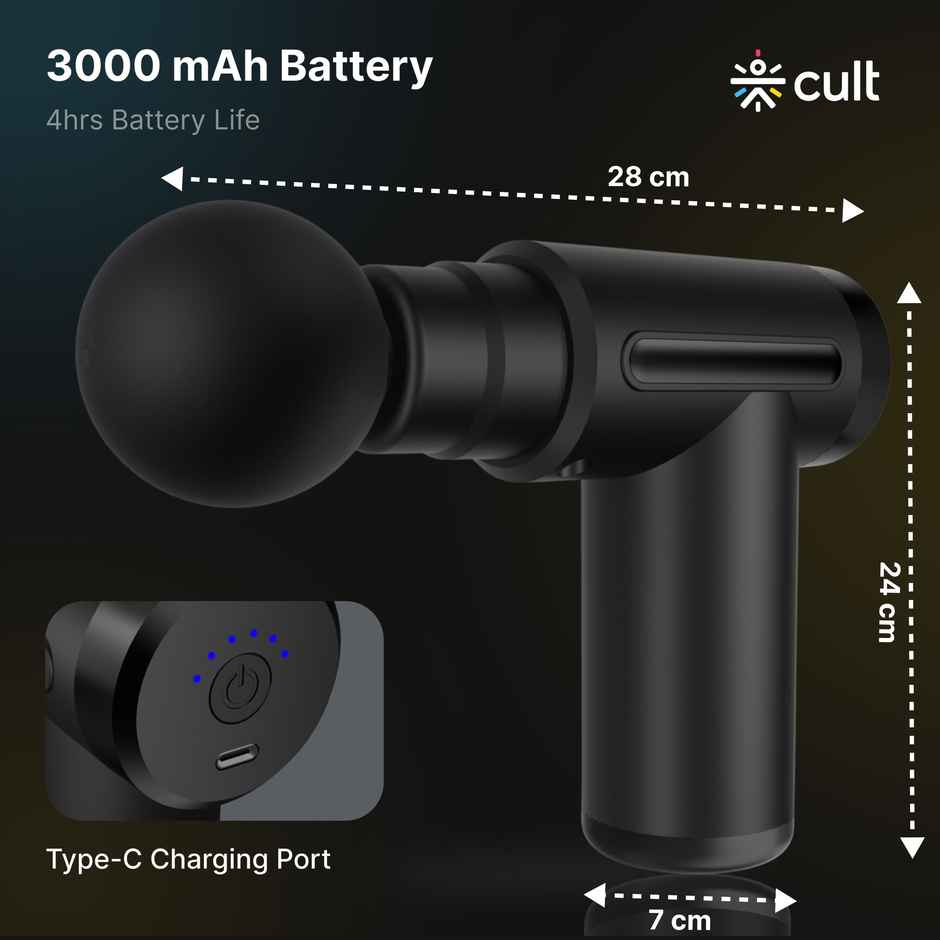 Cult Volt Gun Massager, Silicone Round Head, 4 Interchangeable Heads, Full Body Massager (Black)