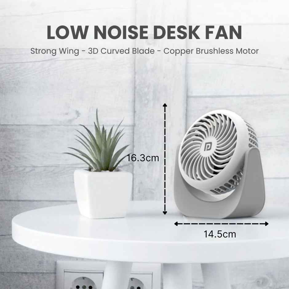 Portronics Toofan Mini USB Portable Fan, 60mm, 3 Blade BLDC Motor, with 2000 mAh Battery, White