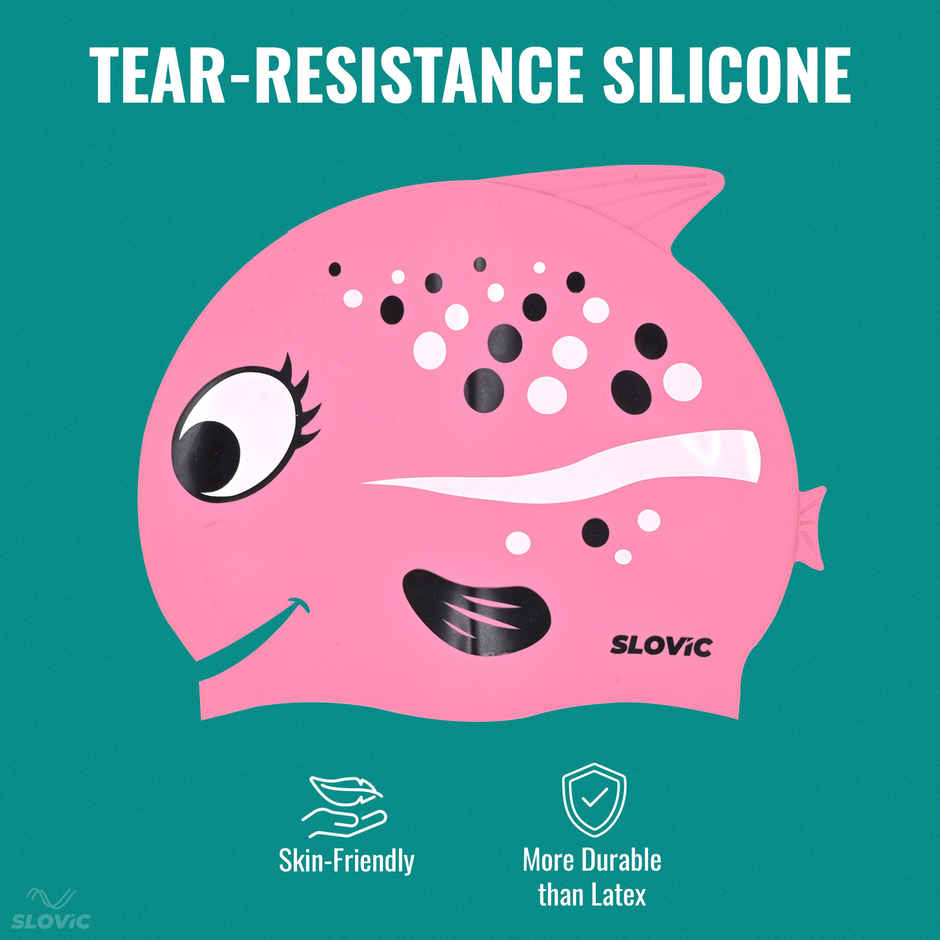 Slovic Kids Swimming Cap - Fish Design (Red Rose), Soft Stretchable Waterproof Swim Cap