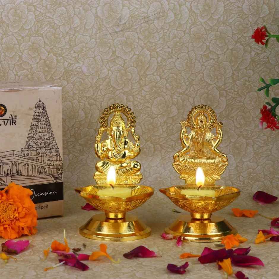 Metal Lakshmi Ganpati Diya | Gold | Traditional | Diya-Pooja | Satvik