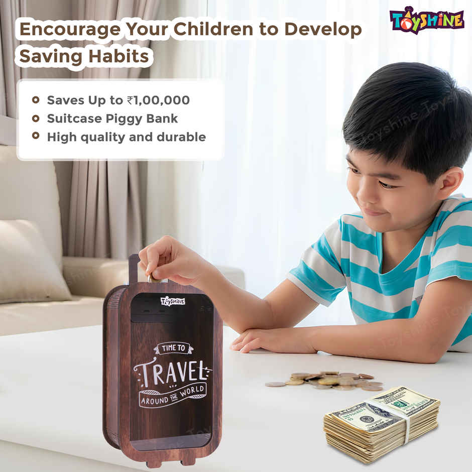 Toyshine Wooden Suitcase Piggy Bank with 1 Lakh Savings Challenge for Kids & Adults