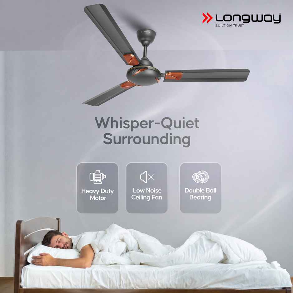 LONGWAY Creta P1 50W Ceiling Fan, 1200mm/48 inch, Ultra High Speed, Anti-Dust, Star Rated - Smoked Brown