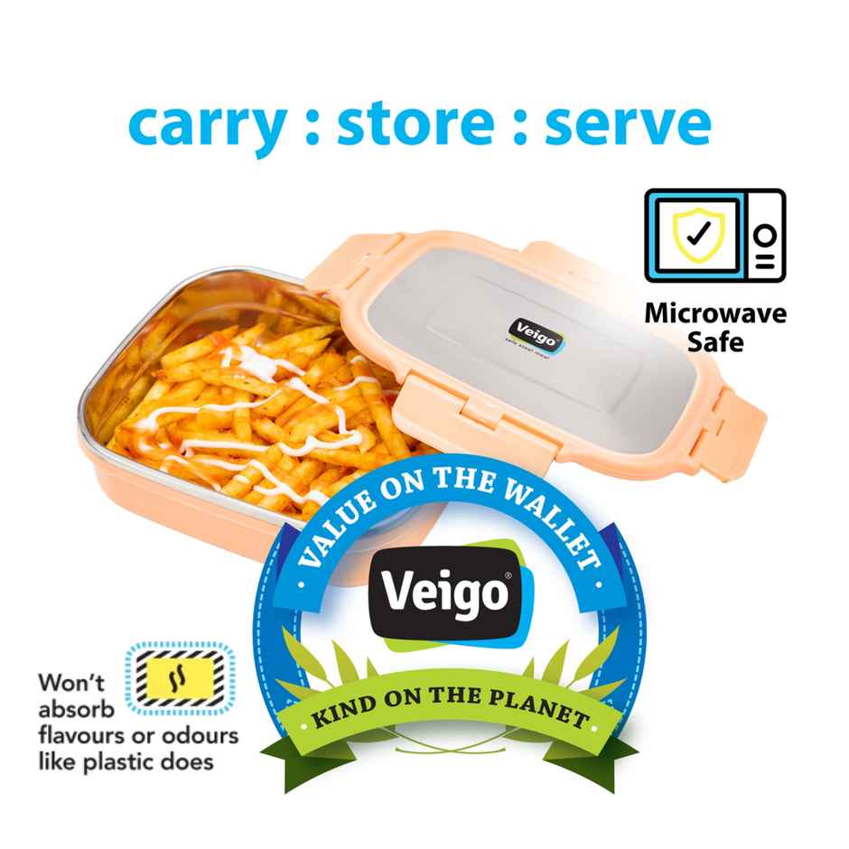 Veigo Heatup Large - Microwave Safe Stainless Steel Leakproof Tiffin Box (630Ml) Peach Fuzz
